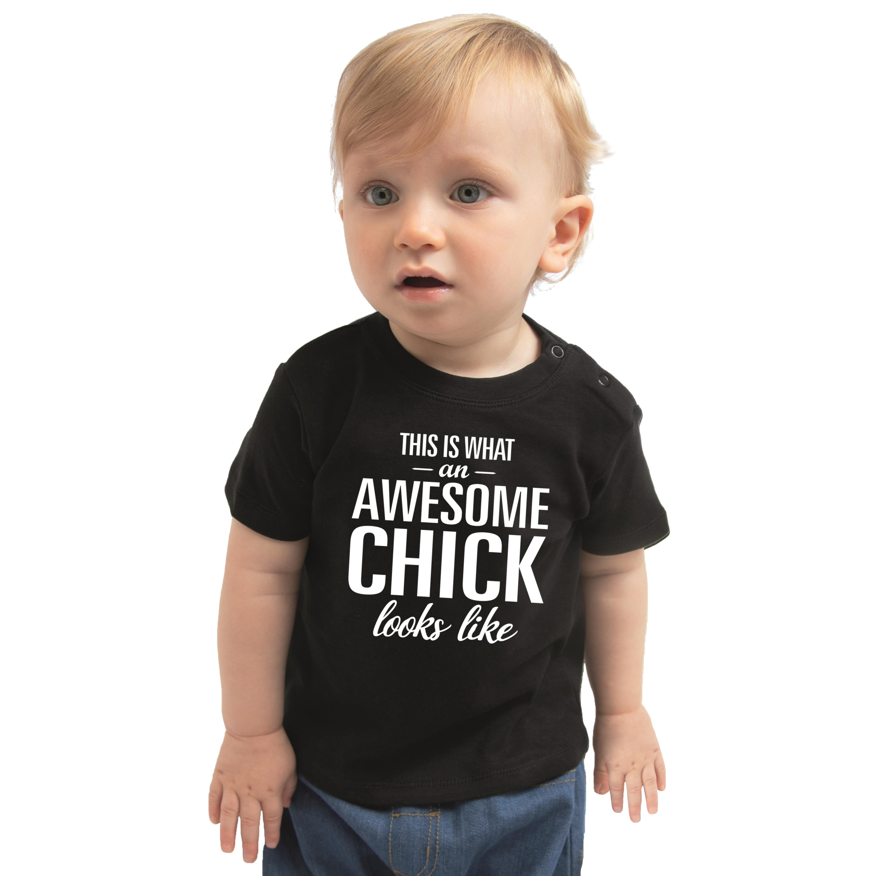 Awesome chick t shirt zwart voor peuter kinderen meisje tekst shirt voor kleine meisjes