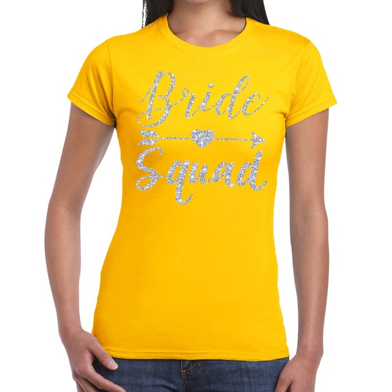 Bride Squad Cupido zilver glitter tekst t shirt geel dames dames shirt Bride Squad Vrijgezellenfeest kleding