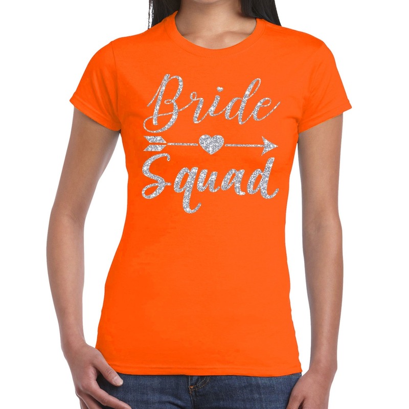 Bride Squad Cupido zilver glitter tekst t shirt oranje dames dames shirt Bride Squad Vrijgezellenfeest kleding