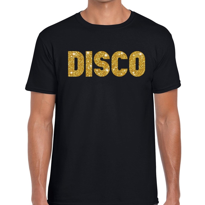 Disco Eighties gouden glitter tekst t shirt zwart herenn Disco party kleding