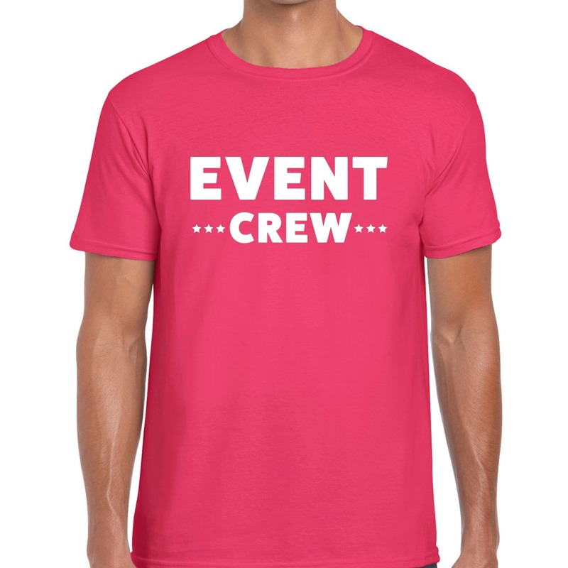 Event crew tekst t shirt fuchsia roze heren evenementen staff personeel shirt