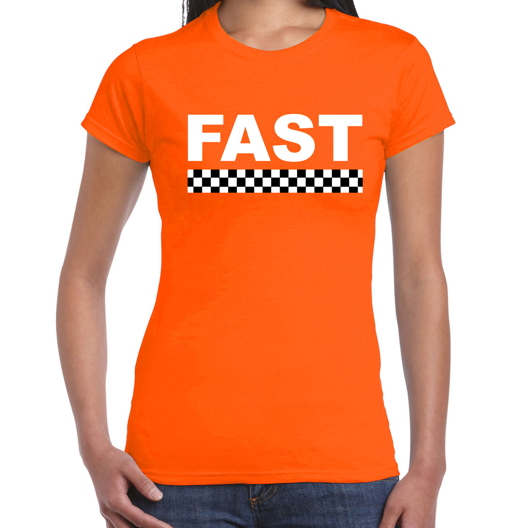 Fast coureur supporter finish vlag t shirt oranje voor dames race autosport motorsport thema race supporter met finish vlag