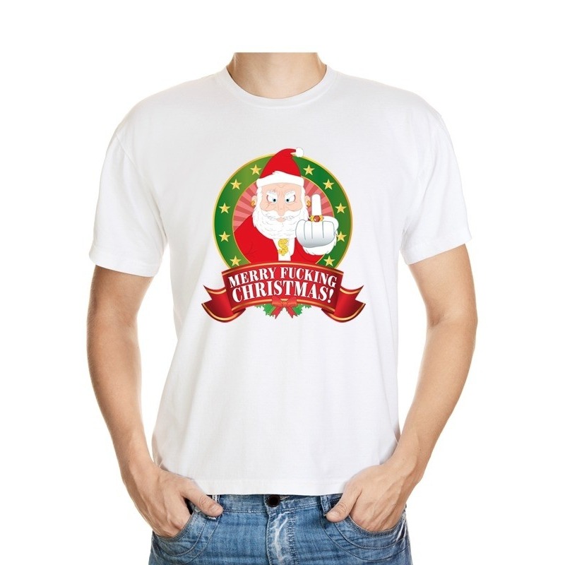 Foute kerst shirt wit Gangster Kerstman Merry Fucking Christmas voor heren