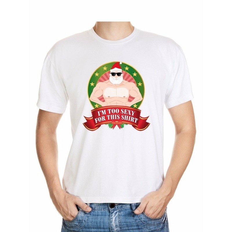 Foute kerst shirt wit Gespierde Kerstman Im too sexy for this shirt voor heren
