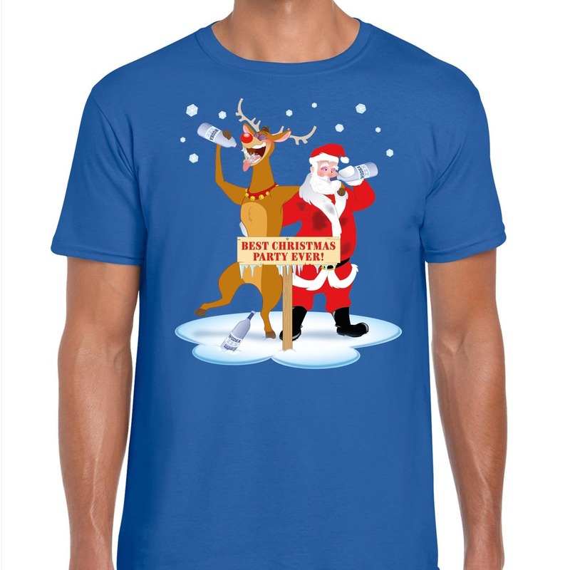 Foute Kerst t shirt dronken kerstman en rendier Rudolf na kerstborrel feest blauw voor heren