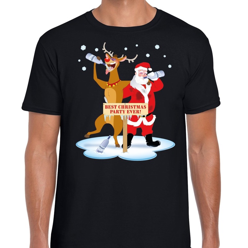 Foute Kerst t shirt dronken kerstman en rendier Rudolf na kerstborrel feest zwart voor heren