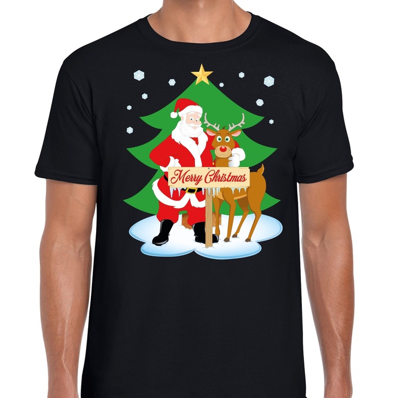 Foute Kerst t shirt met de kerstman en rendier Rudolf zwart voor heren
