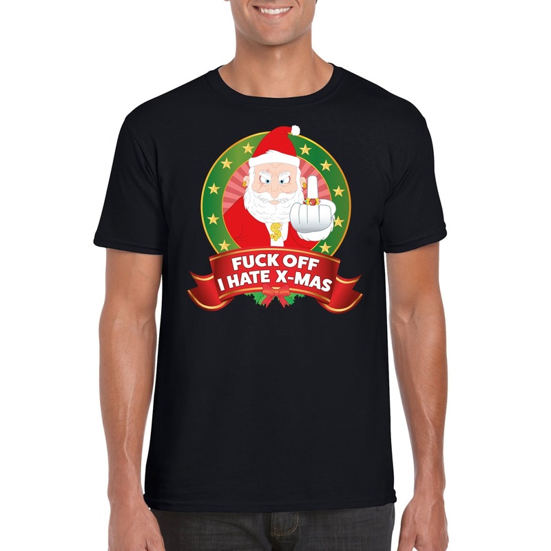 Foute Kerst t shirt zwart Fuck off I hate x mas heren Kerst shirts