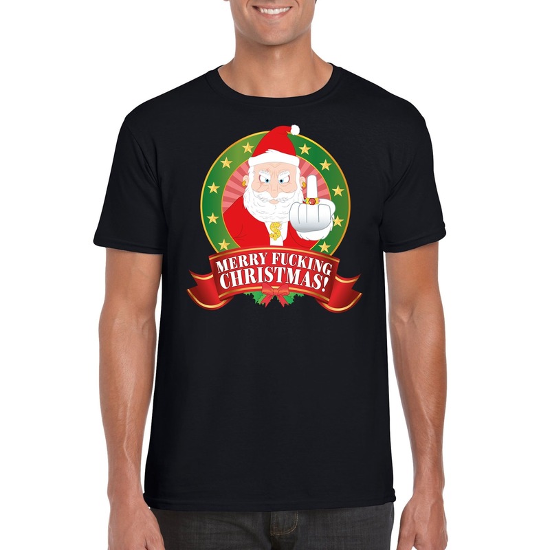 Foute Kerst t shirt zwart gangster Kerstman Merry Fucking Christmas voor heren Kerst shirts