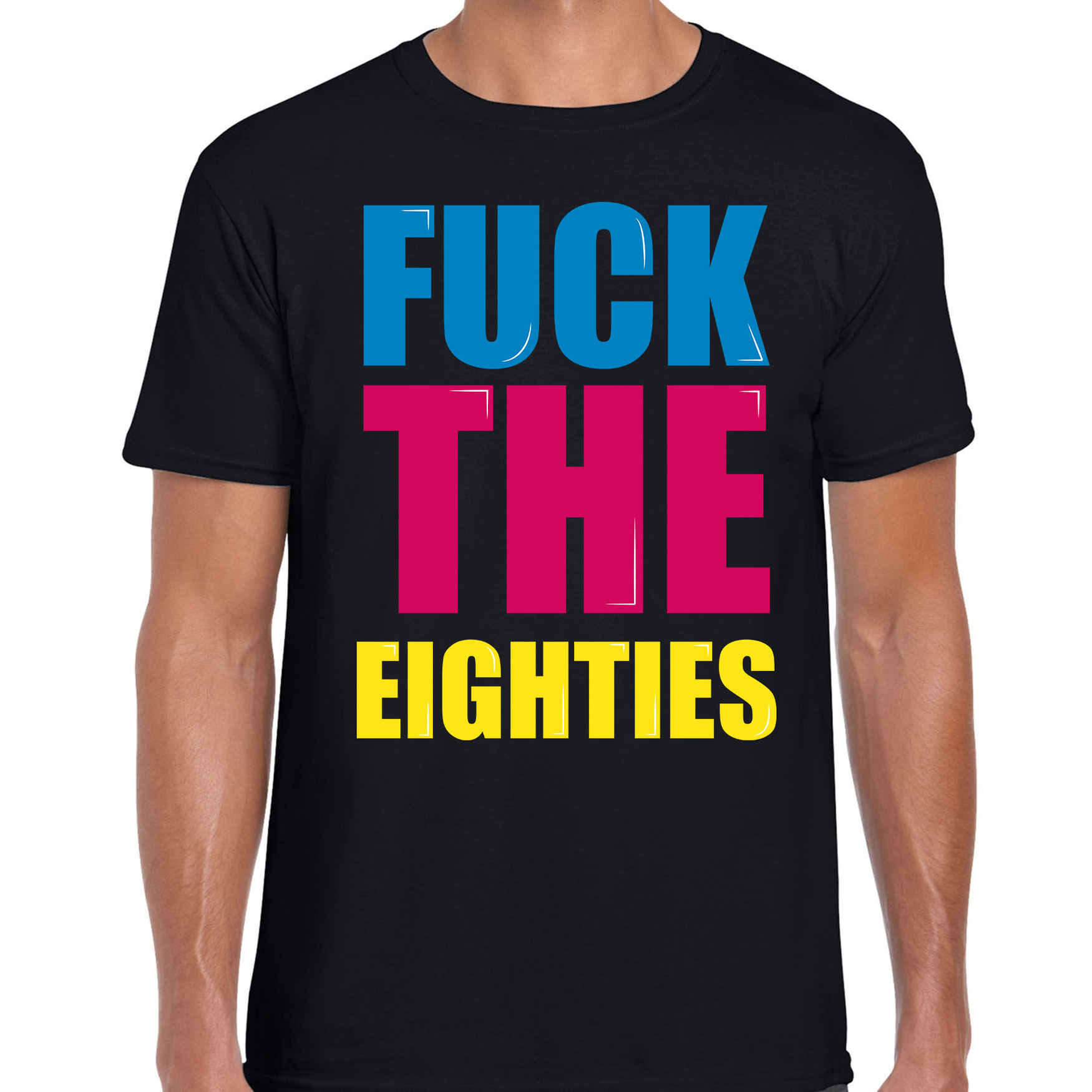 Fuck the eighties fun t shirt met gekleurde letters zwart heren Fun shirt kado t shirt themafeest 80s party