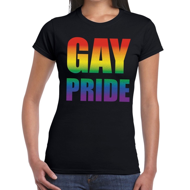 Gay pride t shirt zwart met regenboog tekst voor dames Gay pride LGBT kleding