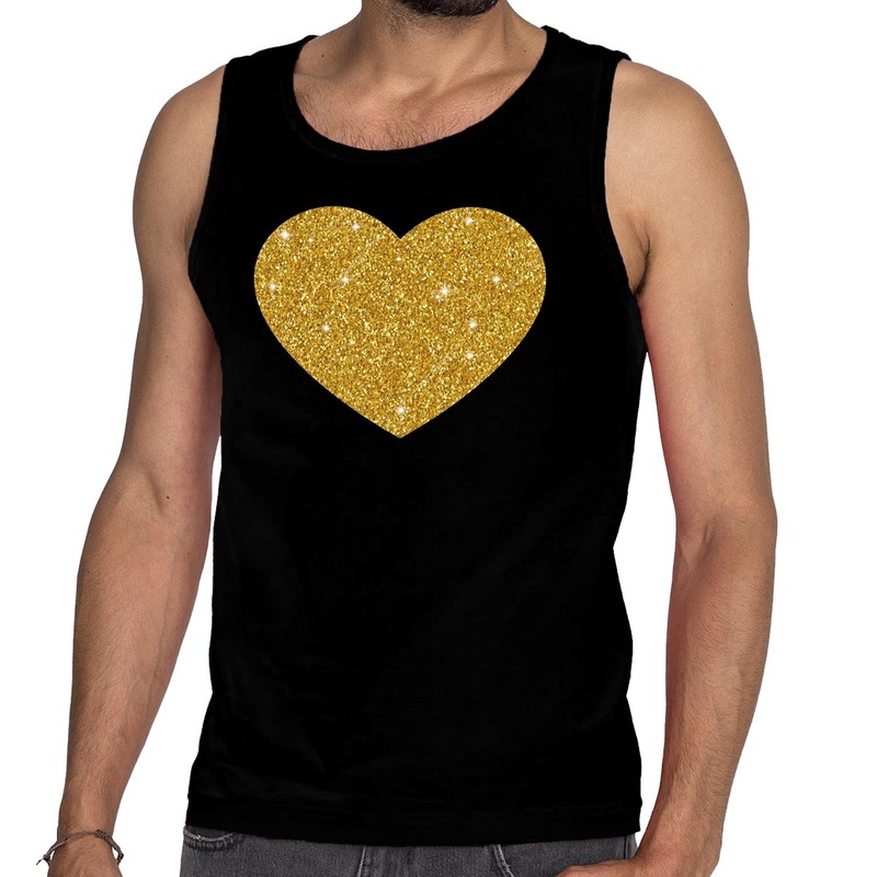 Gouden hart glitter tanktop mouwloos shirt zwart heren heren singlet Gouden hart