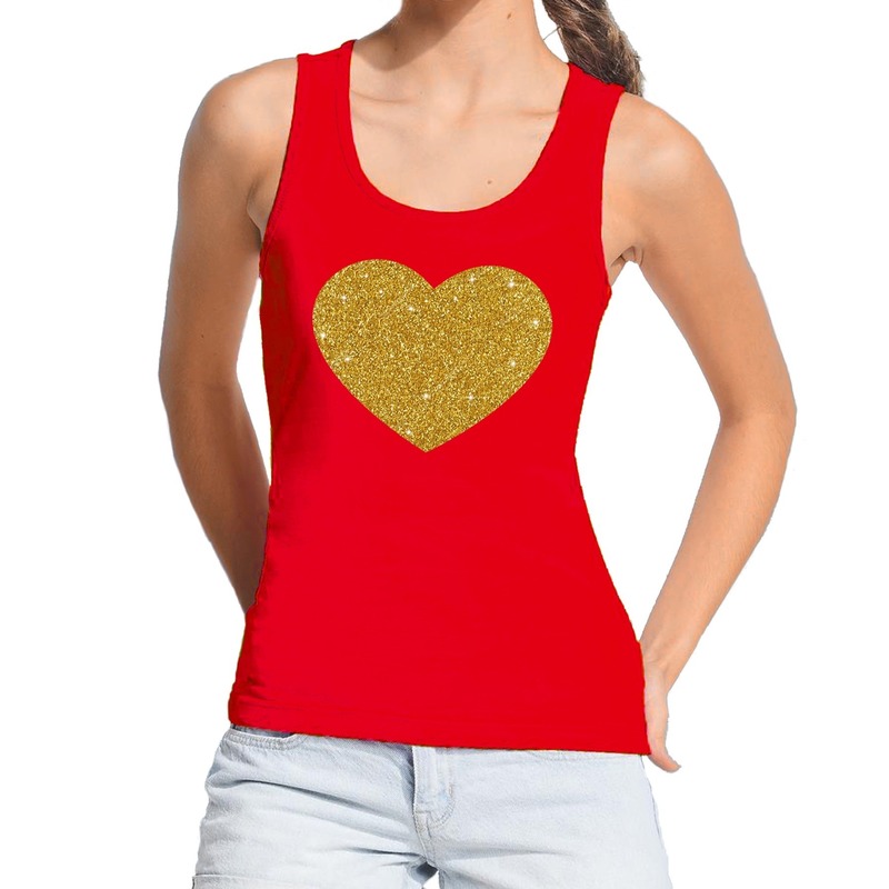 Gouden hart glitter tekst tanktop mouwloos shirt rood dames dames singlet Gouden hart