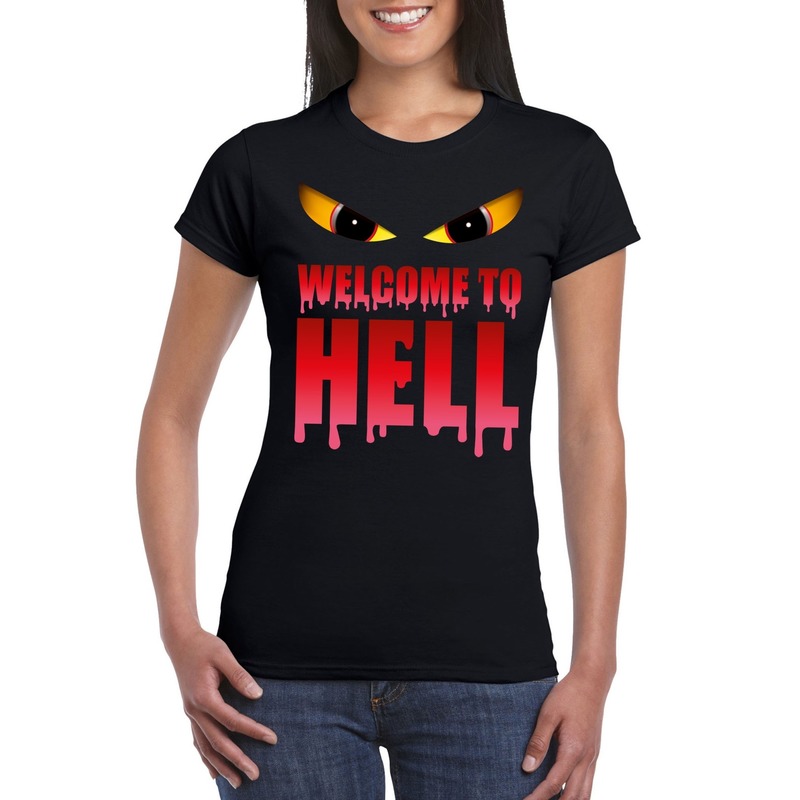 Halloween Duivel t shirt zwart dames met enge ogen Welcome to hell