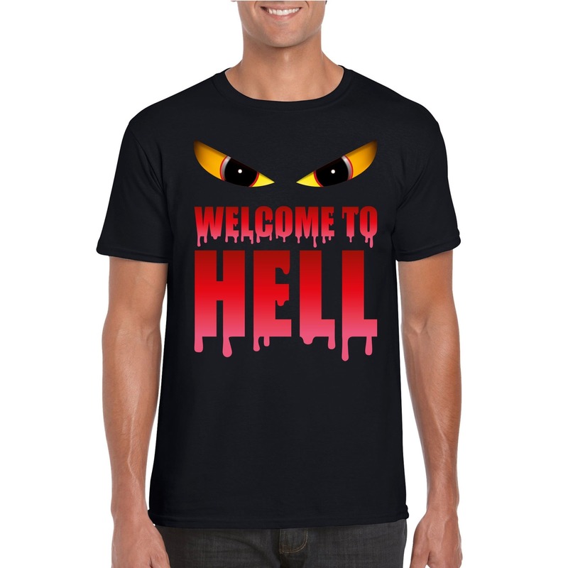 Halloween Duivel t shirt zwart heren met enge ogen Welcome to hell