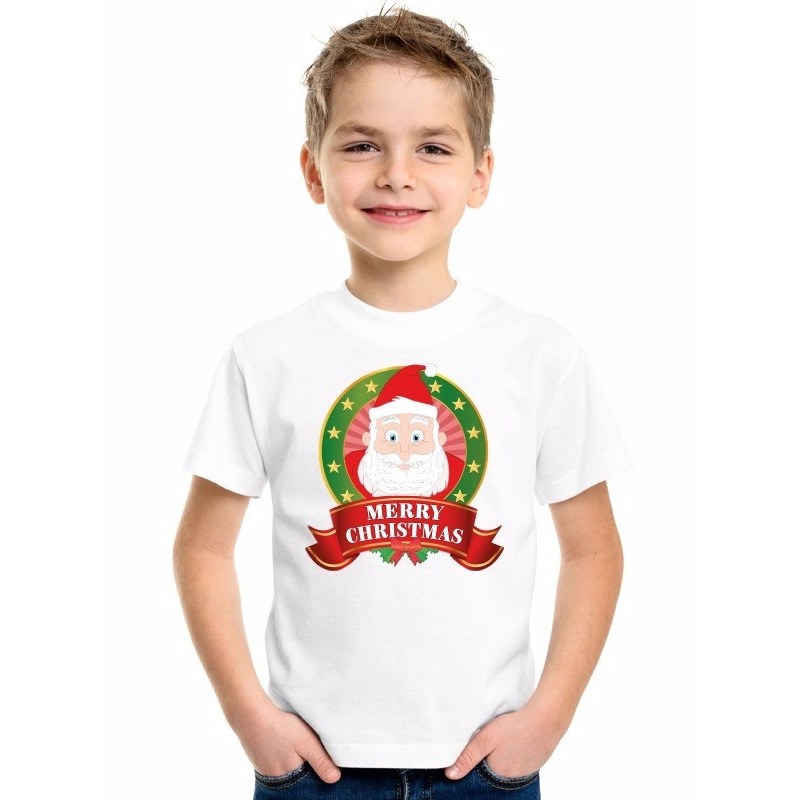 Kerst t shirt voor kinderen met Kerstman print wit jongens en meisjes shirt