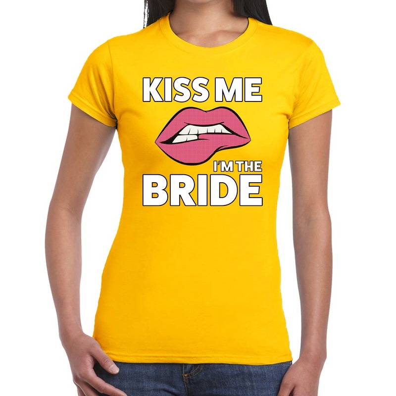 Kiss me I am the Bride t shirt geel dames feest shirts dames vrijgezellenfeest kleding