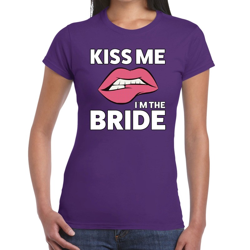 Kiss me i am the bride t shirt paars dames feest shirts dames vrijgezellenfeest kleding