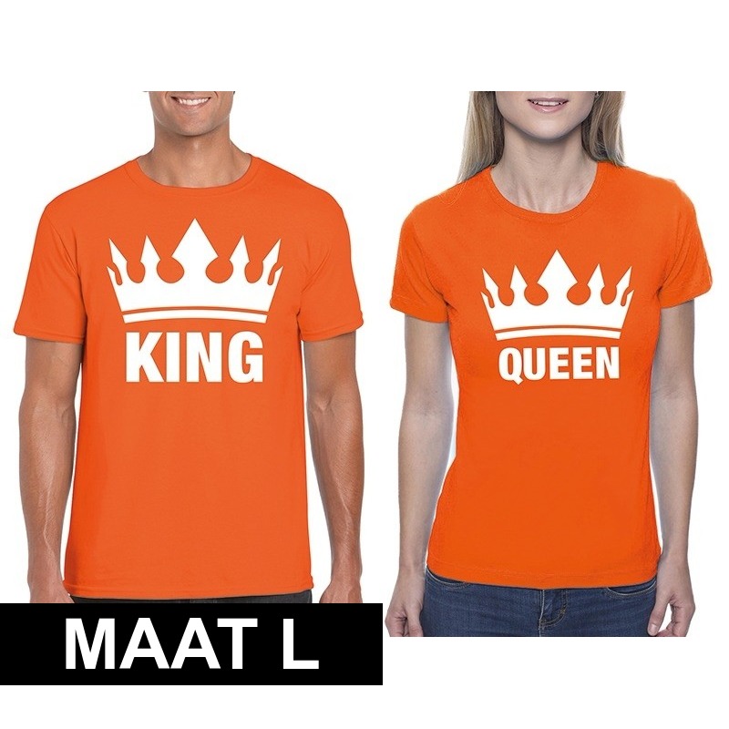 Koningsdag koppel King Queen t shirt oranje maat L