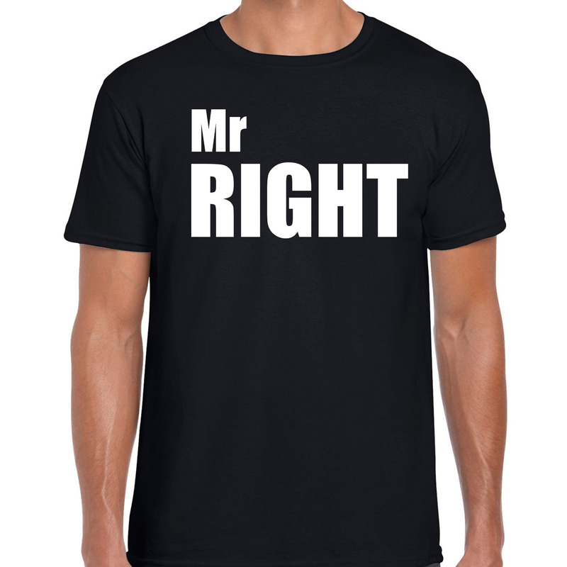 Mr right t shirt zwart met witte letters voor heren vrijgezellenfeest fun tekst shirts grappige t shirts