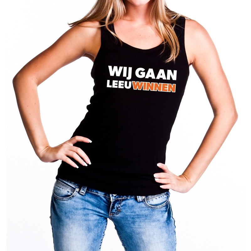Nederland supporter tanktop mouwloos shirt Wij gaan LeeuWinnen zwart dames landen kleding