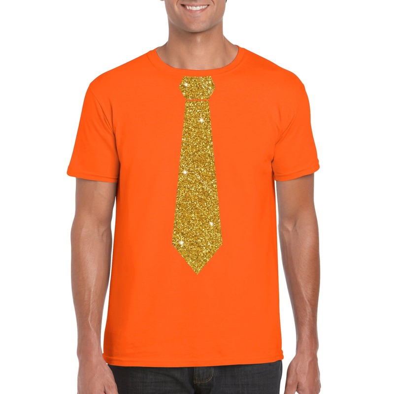 Oranje fun t shirt met stropdas in glitter goud heren leuk voor Koningsdag