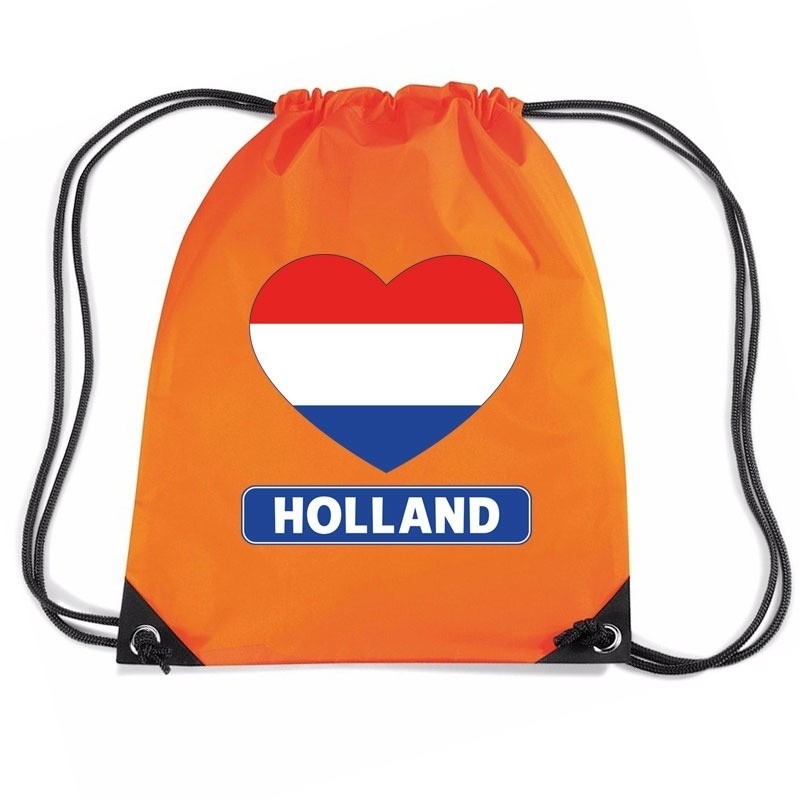 Oranje nylon rijgkoord rugzak sporttas Holland hart vlag