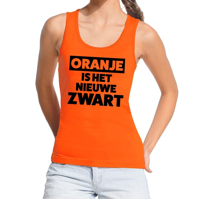 Oranje tekst tanktop - mouwloos shirt Oranje is het nieuwe zwart voor dames - Koningsdag kleding