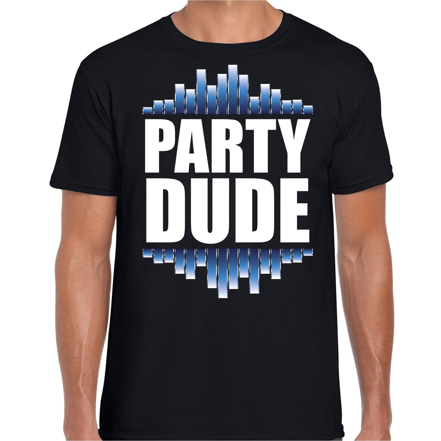Party dude fun tekst t shirt zwart heren fun tekst disco feest t shirt
