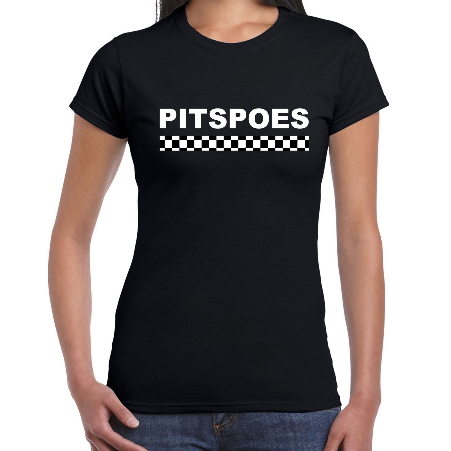 Pitspoes coureur supporter finish vlag t shirt zwart voor dames race autosport motorsport thema race supporter met finish vlag