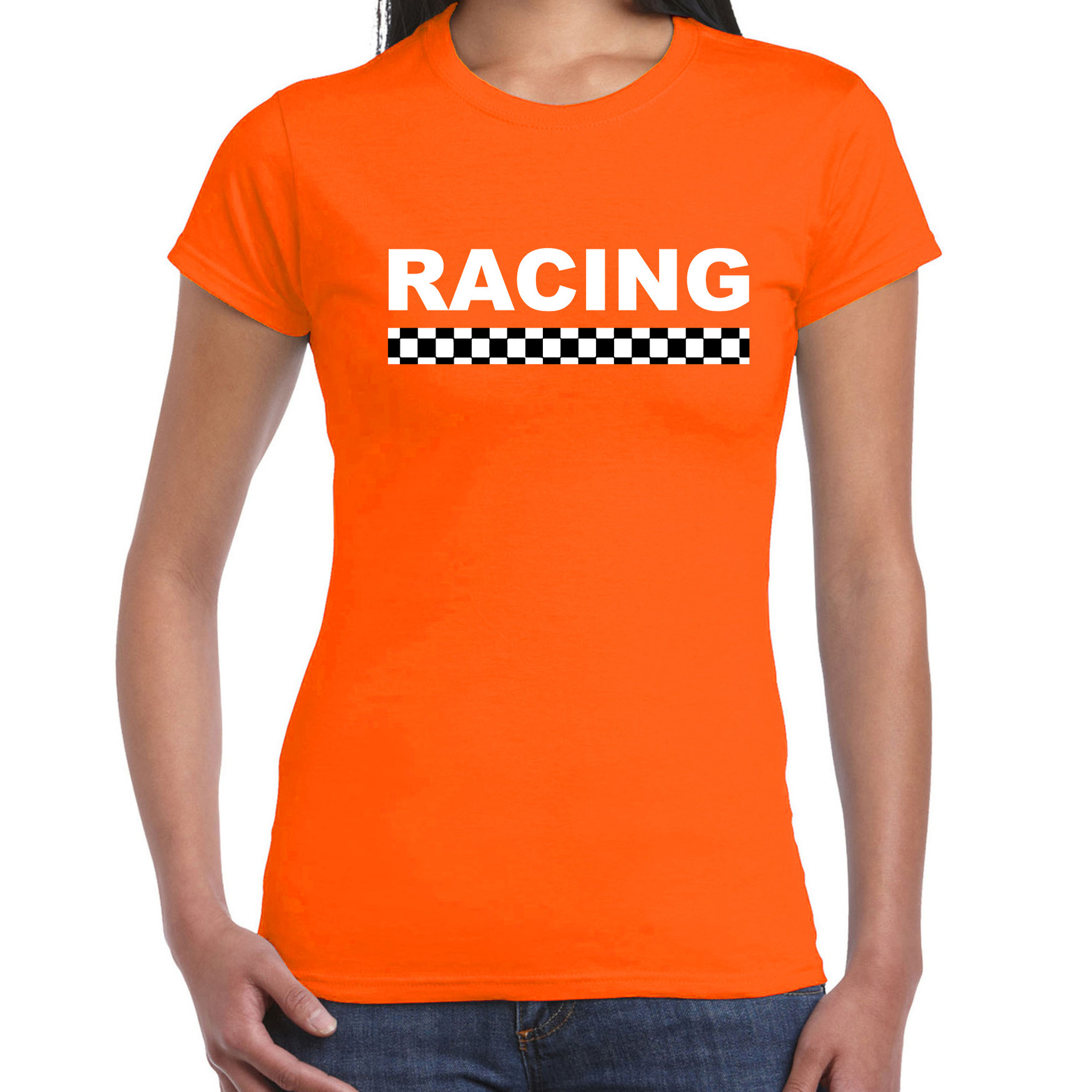 Racing coureur supporter finish vlag t shirt oranje voor dames race autosport motorsport thema race supporter finish vlag