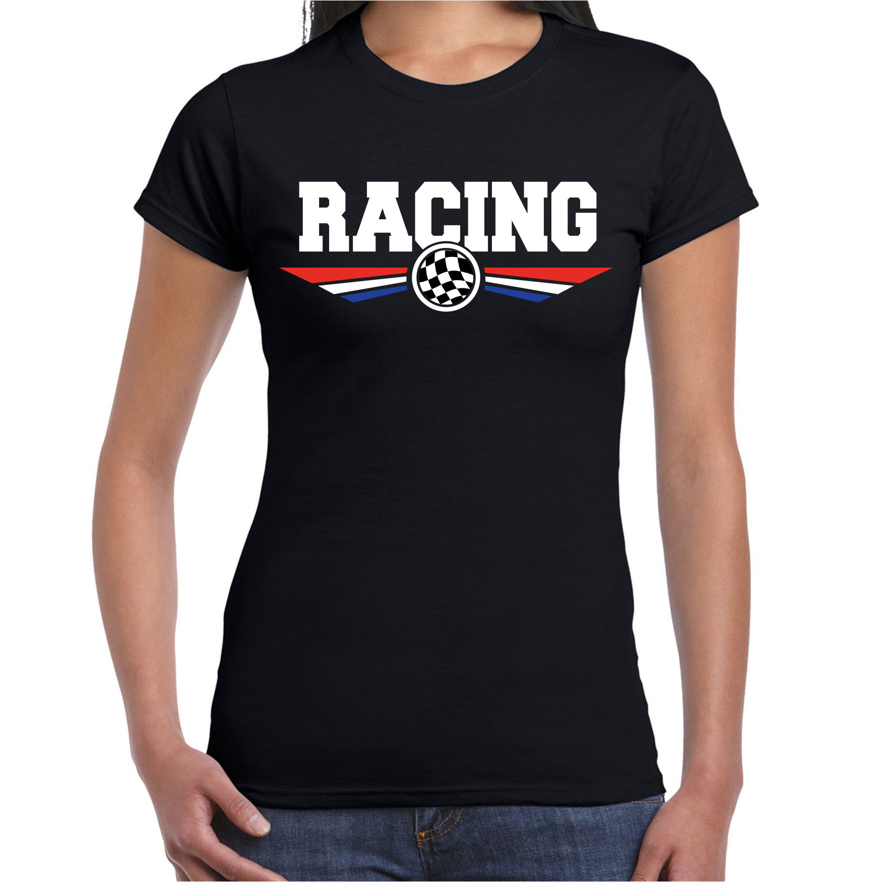 Racing coureur supporter t shirt met Nederlandse vlag zwart voor dames race thema race supporter