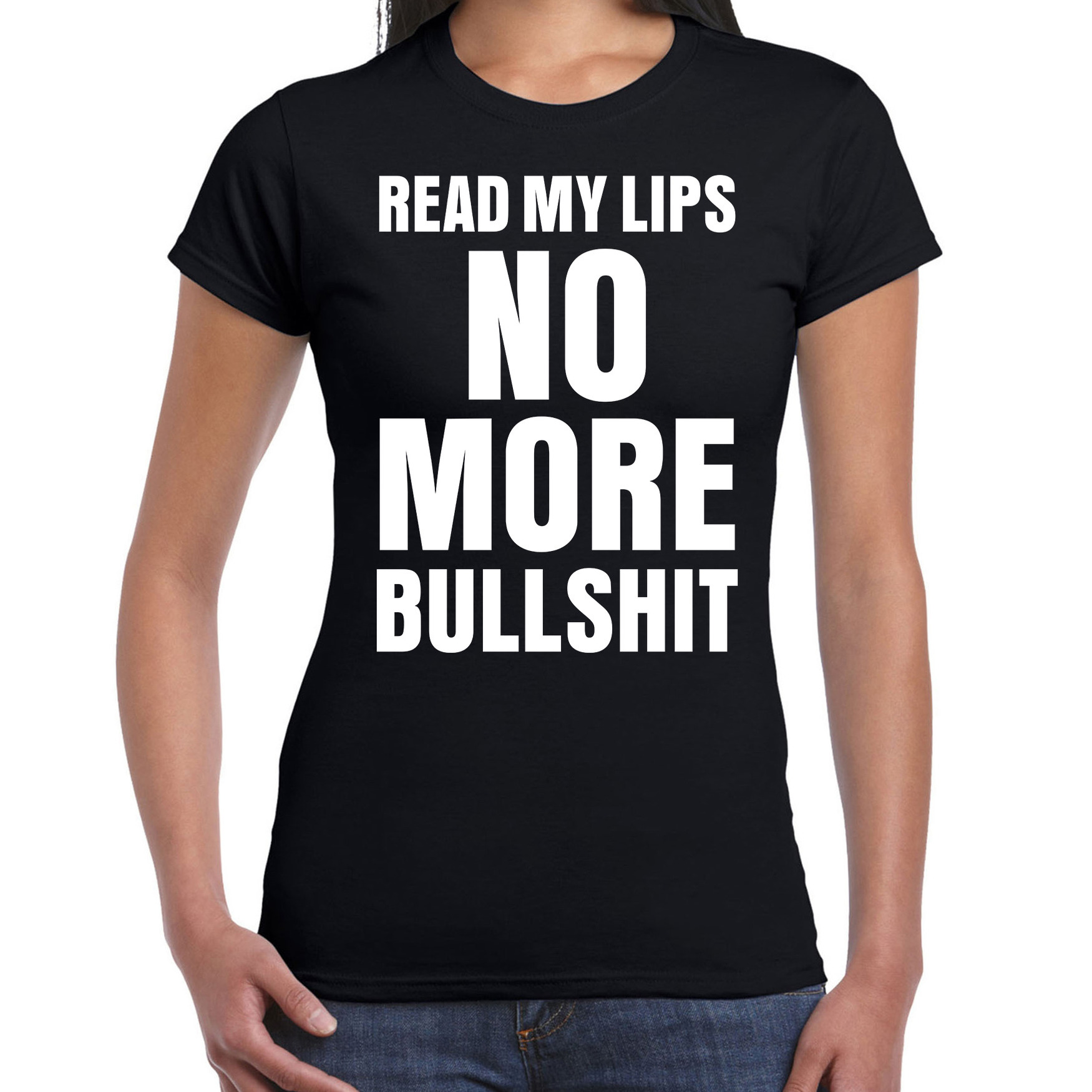 Read my lips NO MORE bullshit t shirt zwart dames fun tekst shirt foute shirts voor vrouwen