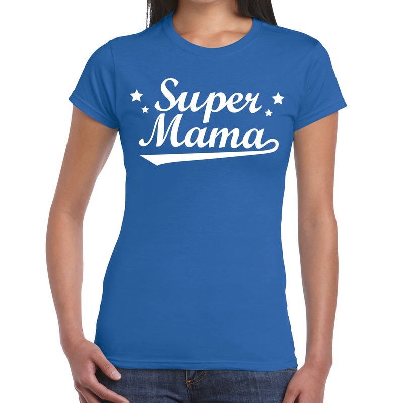 Super mama cadeau t shirt blauw dames kado shirt voor moeders