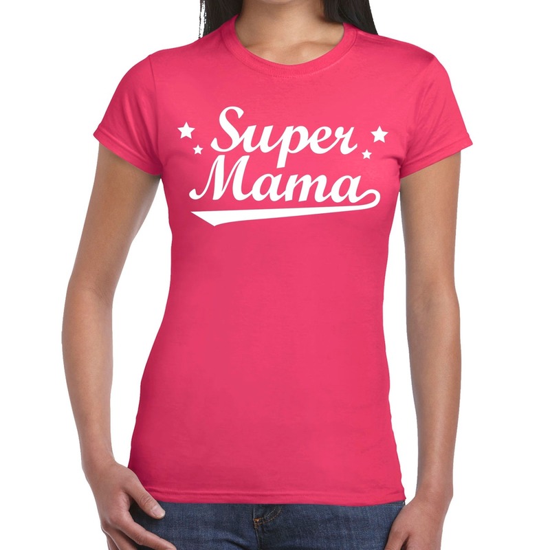 Super mama cadeau t shirt fuchsia roze dames kado shirt voor moeders