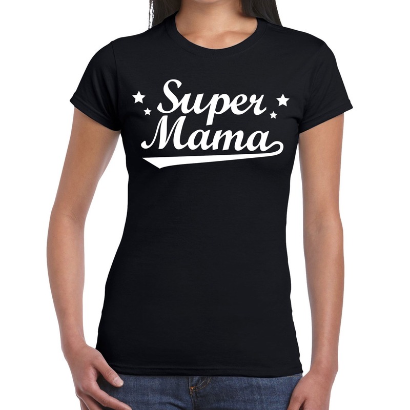 Super mama cadeau t shirt zwart dames kado shirt voor moeders