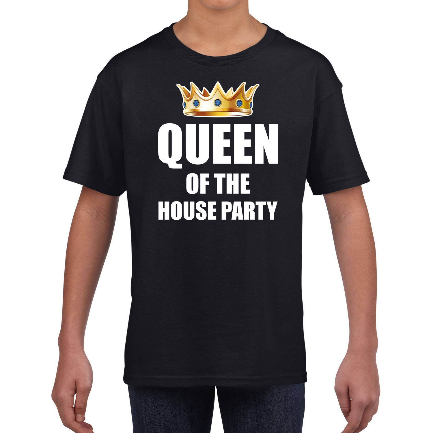 t shirt Queen of the house party zwart voor kinderen meisjes Woningsdag Koningsdag thuisblijvers luie dag relax shirtje