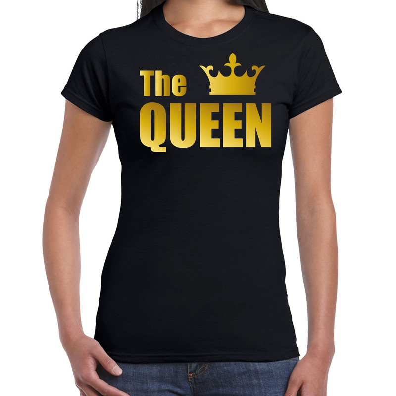The queen t shirt zwart met gouden letters en kroon voor dames Koningsdag fun tekst shirts