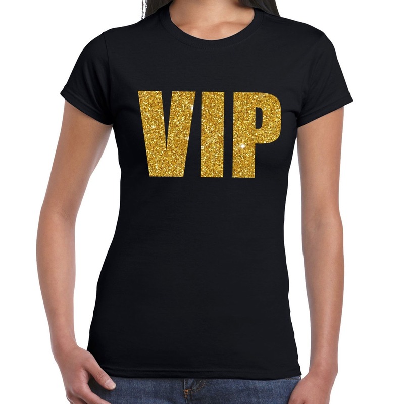VIP tekst t-shirt met gouden glitter letters voor dames - Zwart