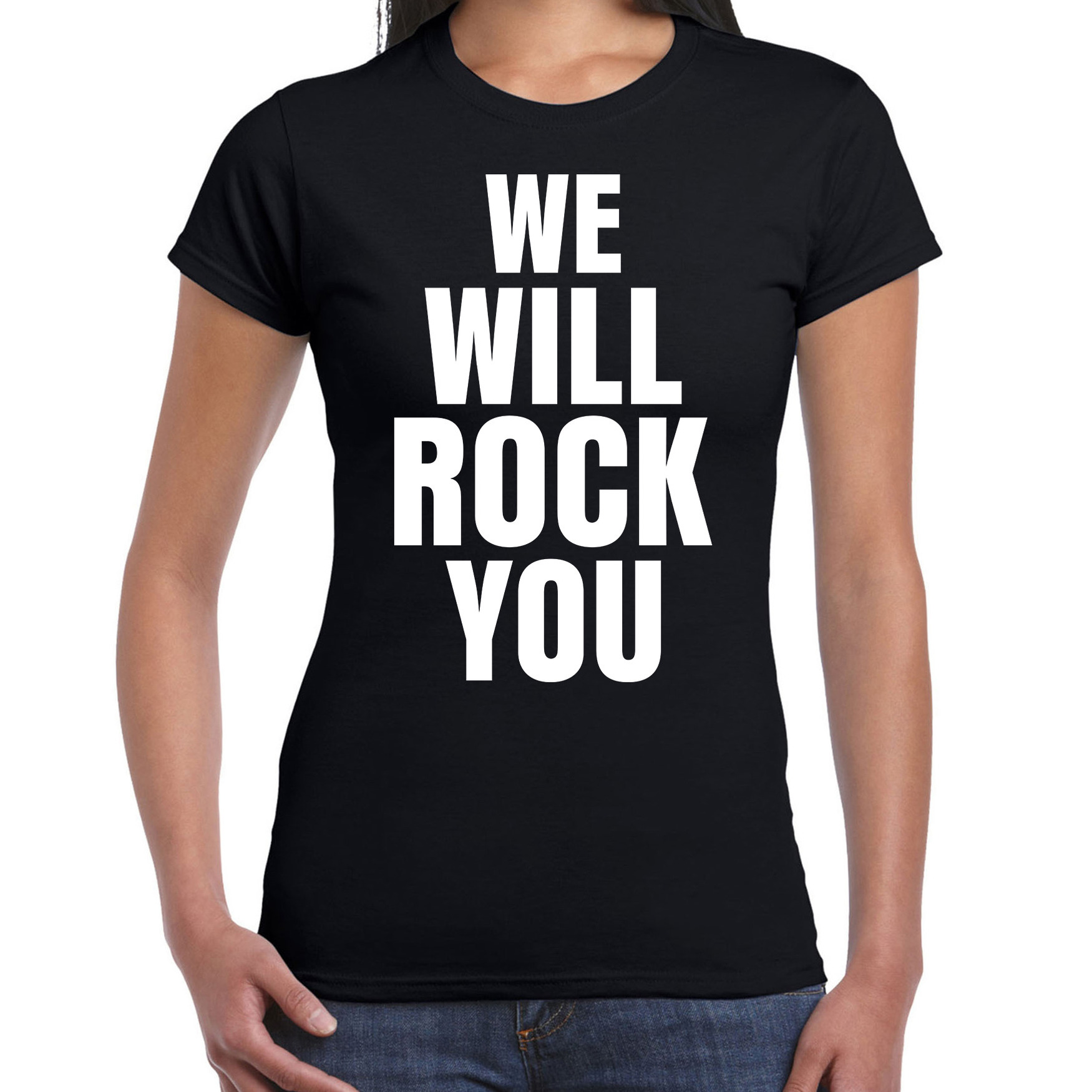 We will rock you t shirt zwart dames fun tekst shirt rockmuziek glamrock shirts voor vrouwen