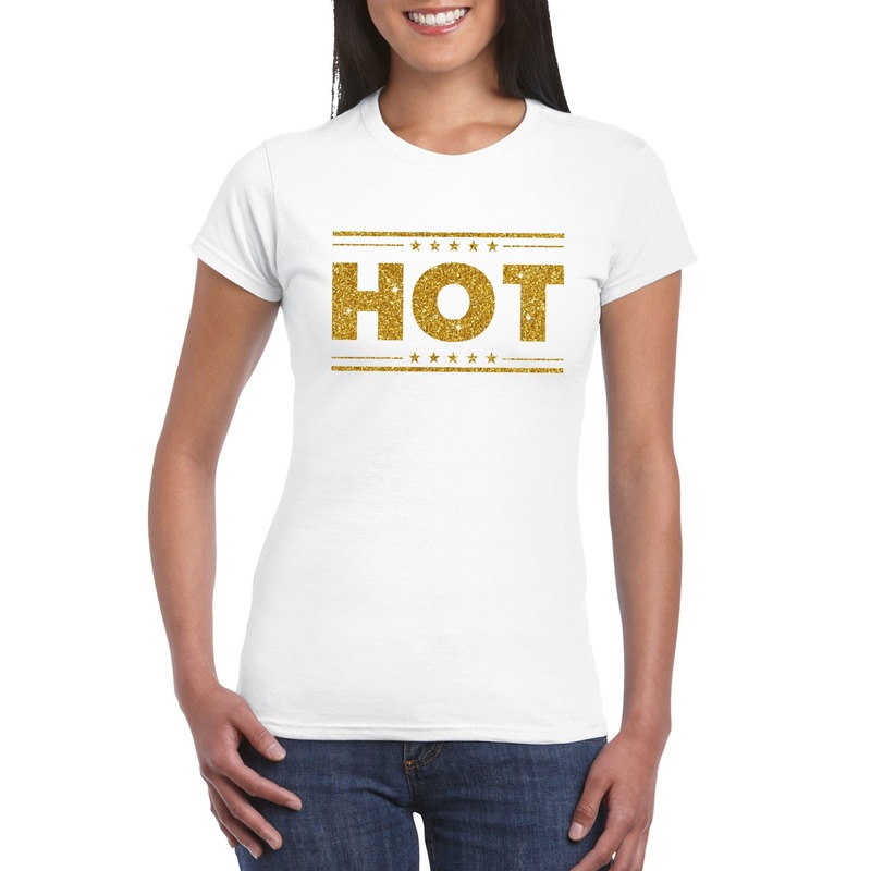 Wit Hot shirt in gouden glitter letters dames