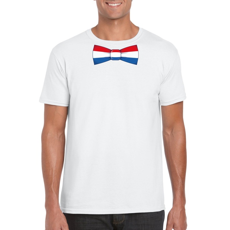 Wit t-shirt met Hollandse vlag strikje heren - Nederland supporter