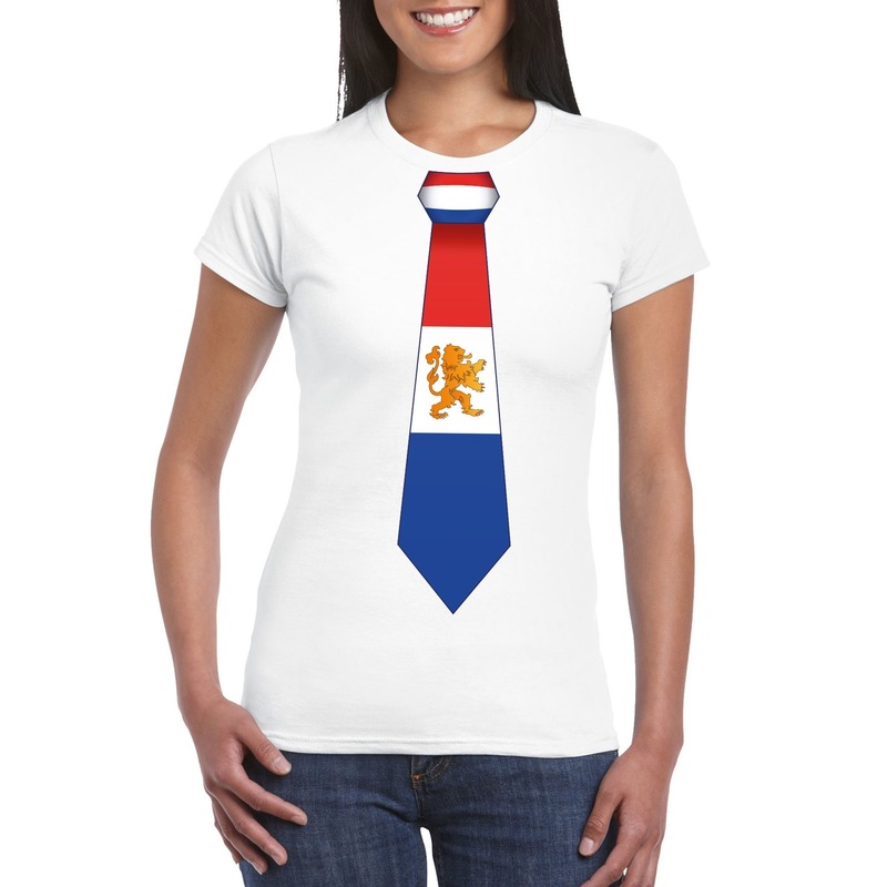 Wit t-shirt met Hollandse vlag stropdas dames - Nederland supporter