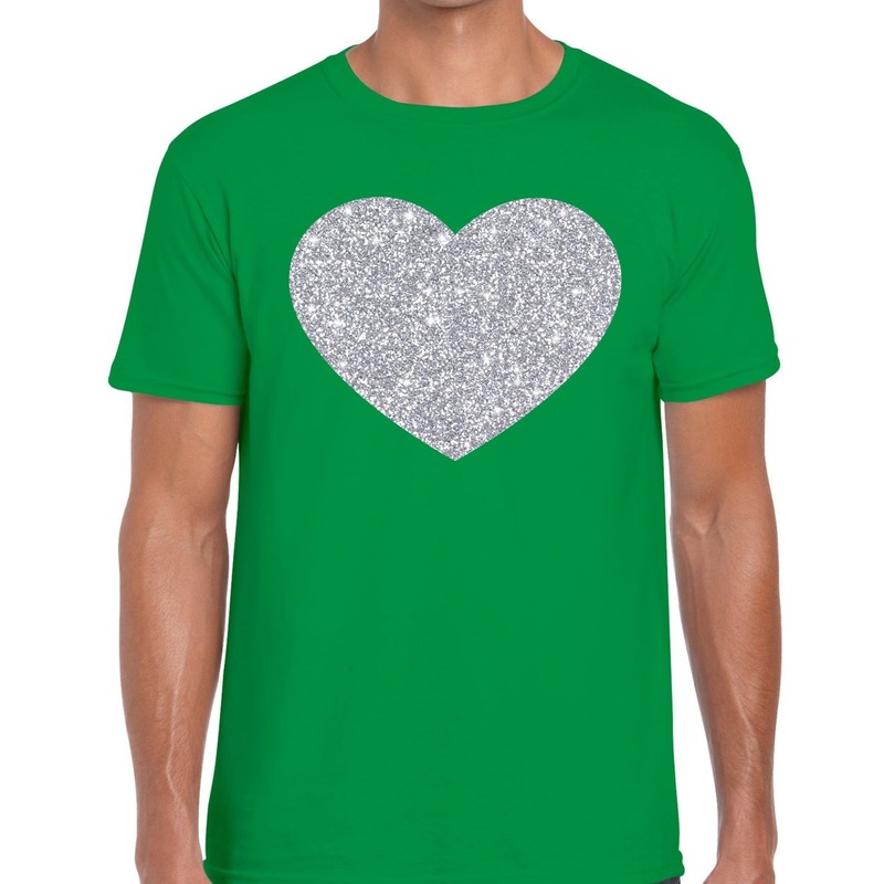 Zilver hart glitter fun t shirt groen heren i love shirt voor heren