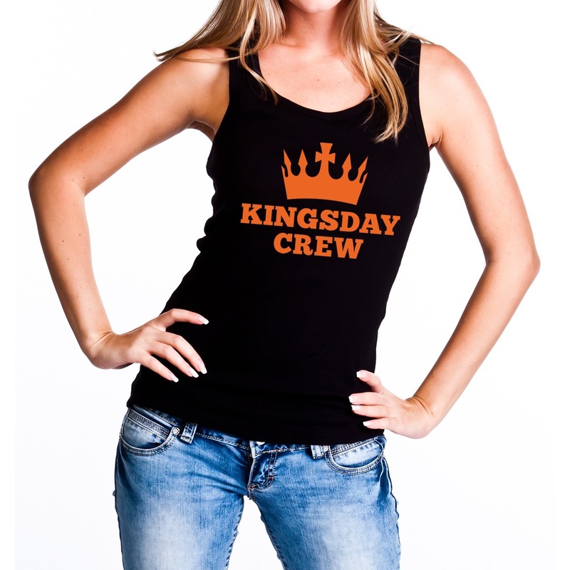 Zwart Kingsday crew tanktop mouwloos shirt voor dames Koningsdag kleding