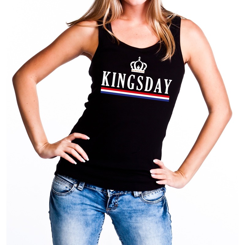 Zwart Kingsday tanktop - mouwloos shirt voor dames - Koningsdag kleding