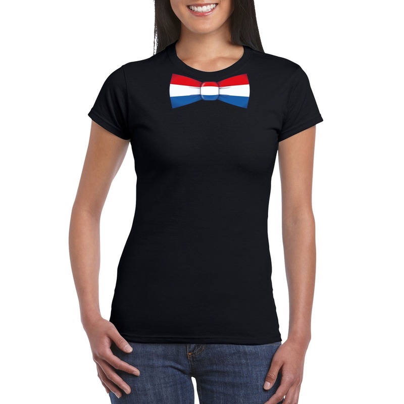 Zwart t shirt met Hollandse vlag strikje dames Nederland supporter