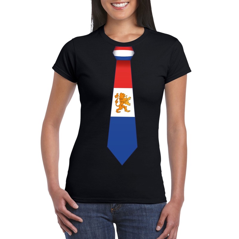 Zwart t shirt met Hollandse vlag stropdas dames Nederland supporter
