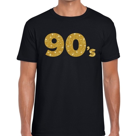 90's gouden glitter tekst t-shirt zwart heren - Jaren 90 kleding