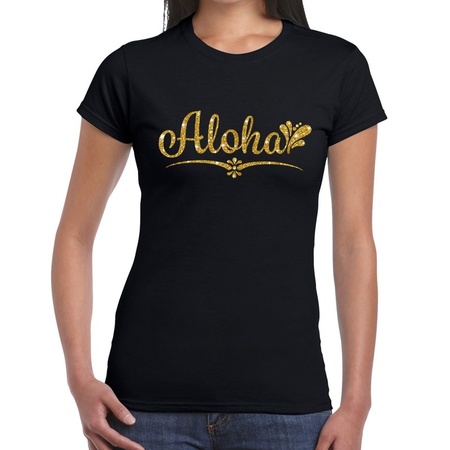 Aloha gouden glitter hawaii t-shirt zwart dames - dames shirt Aloha